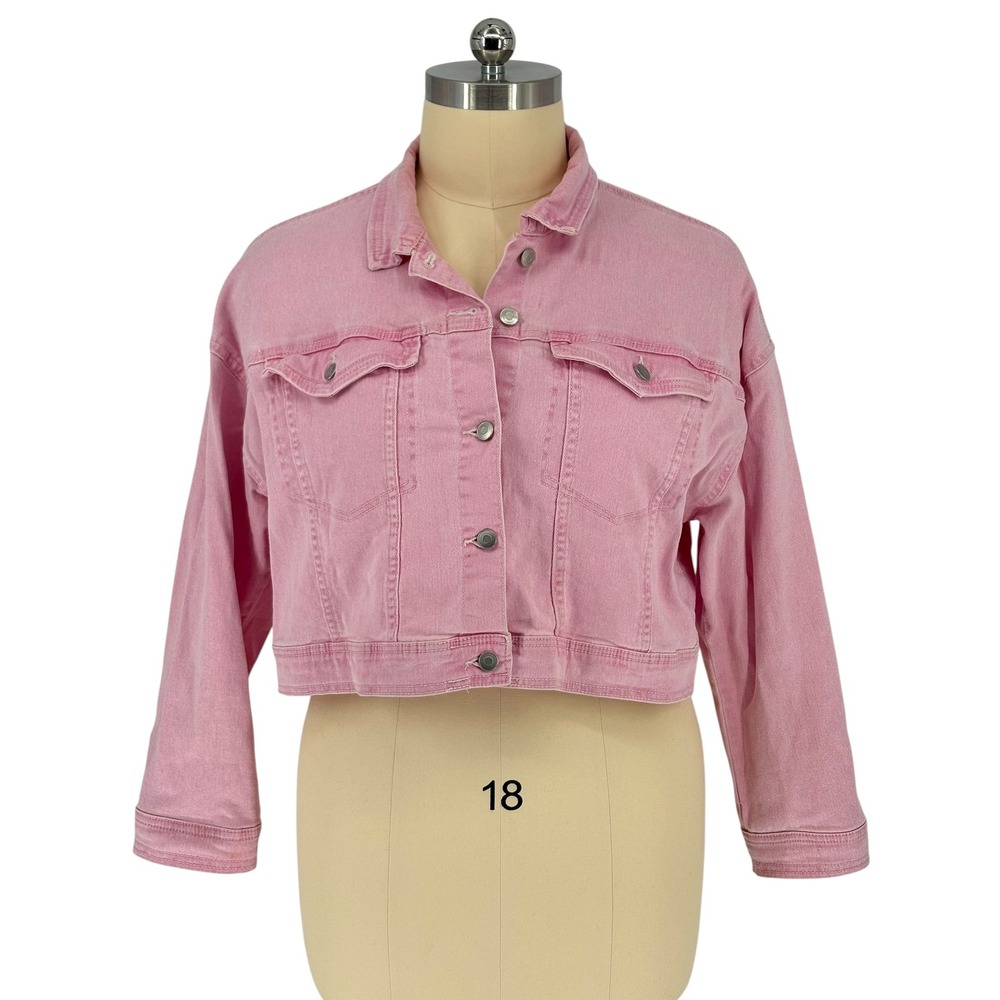 Celebrity Pink Denim Jacket Pink Cropped Button Up XXL